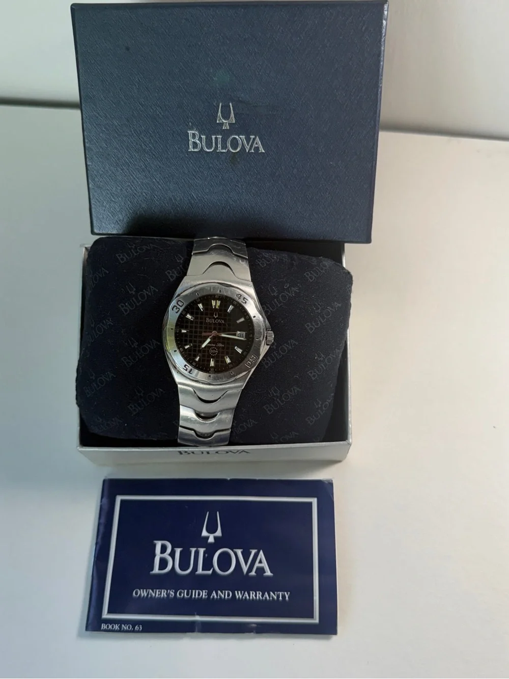 Bulova Marine Star Mens 38mm Blk Dial Silver Tone Date 96G14 New Batt, Full Kit